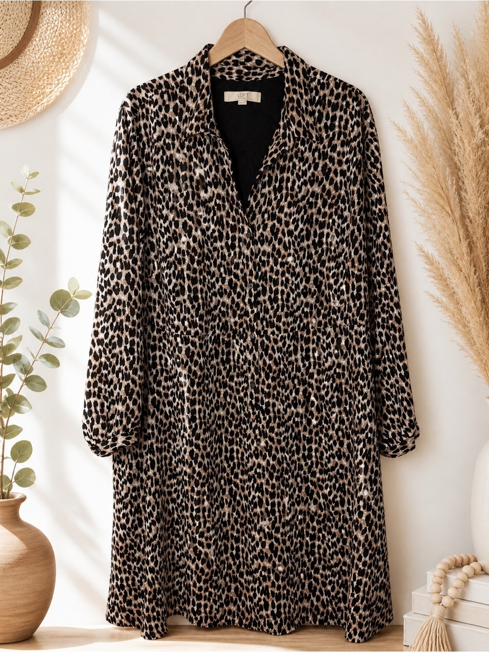 LOFT Plus Leopard-Print Button Front Dress in Tan and Black